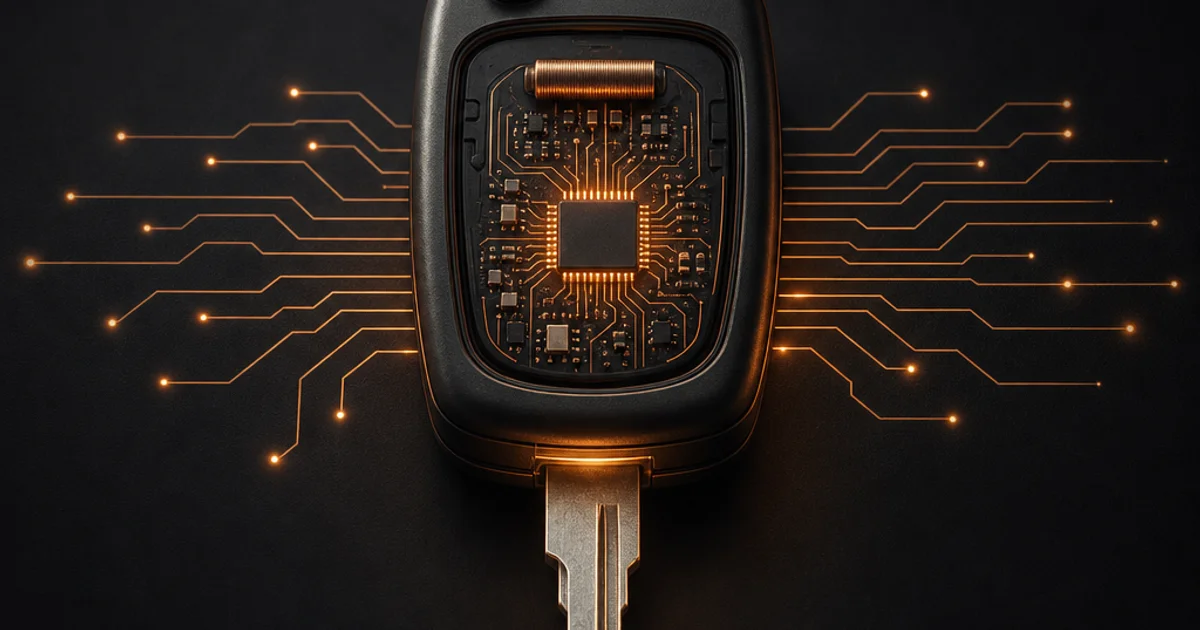A transponder car key resting on a dark workshop surface with circuit traces radiating from its chip, lit in warm copper against charcoal