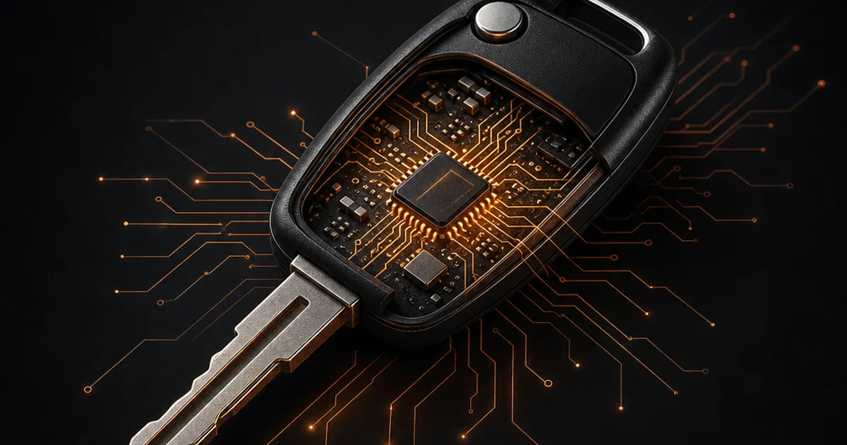 A transponder car key resting on a dark workshop bench with circuit traces radiating from its chip, lit in warm copper against charcoal