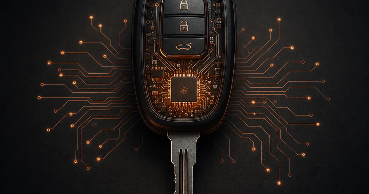 A Nissan transponder key resting on a workshop bench with fine circuit traces radiating from its chip, lit in warm copper against charcoal