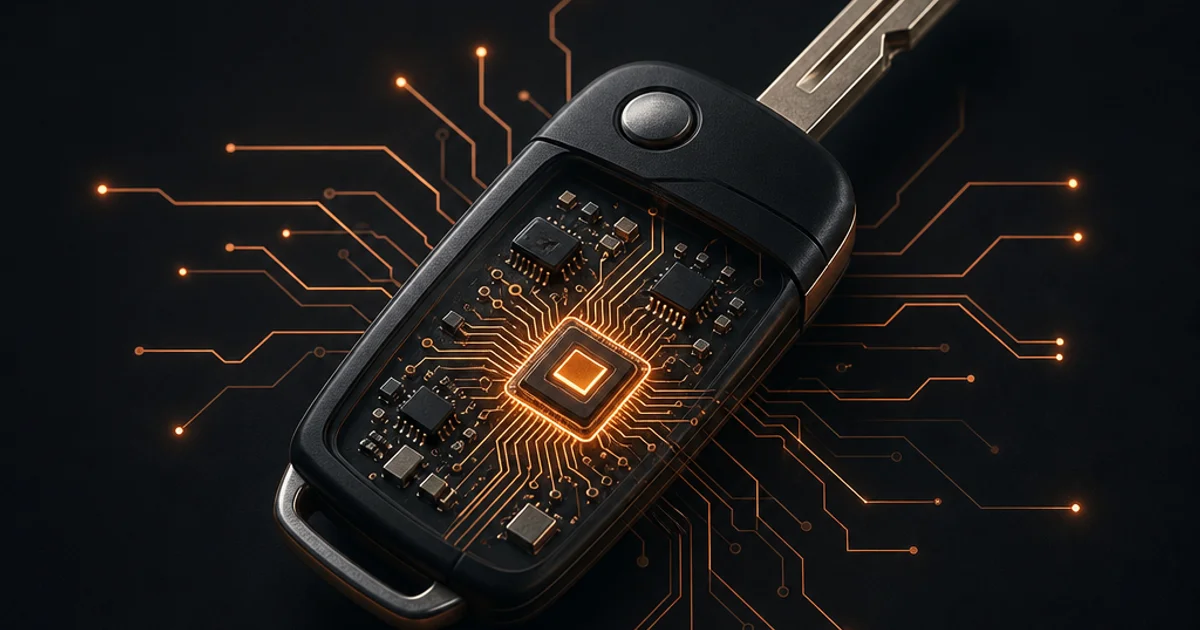 A black flip key opened to reveal its transponder circuit board, fine copper traces radiating outward from a glowing central chip against a charcoal background