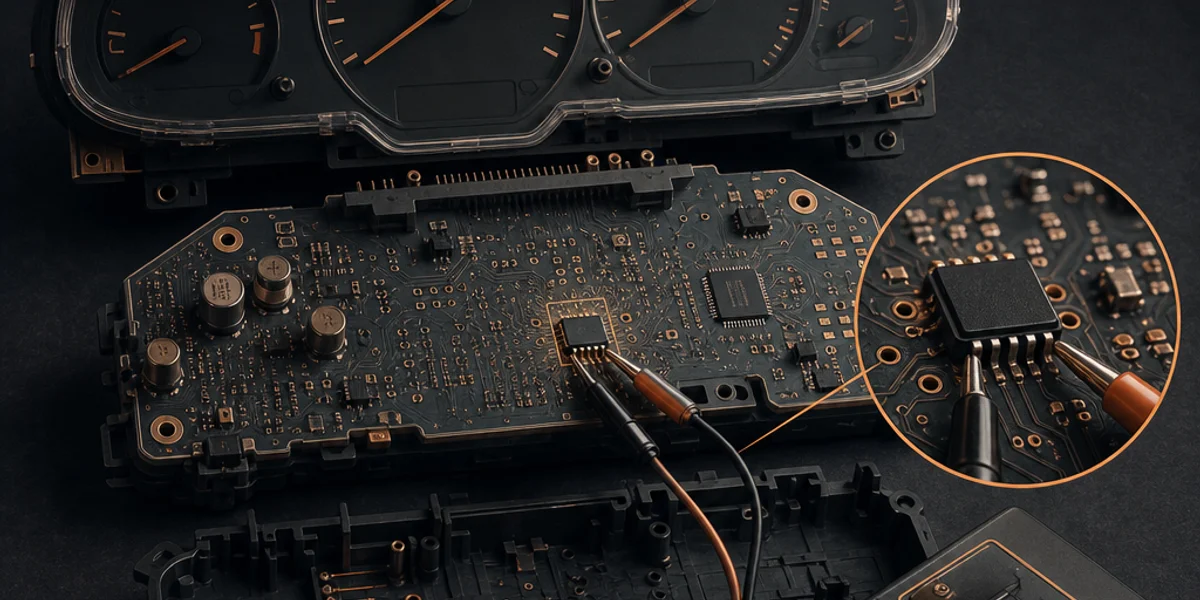 An Audi instrument cluster opened on a bench with its eight-pin serial EEPROM exposed and bench programmer clips attached to the chip legs
