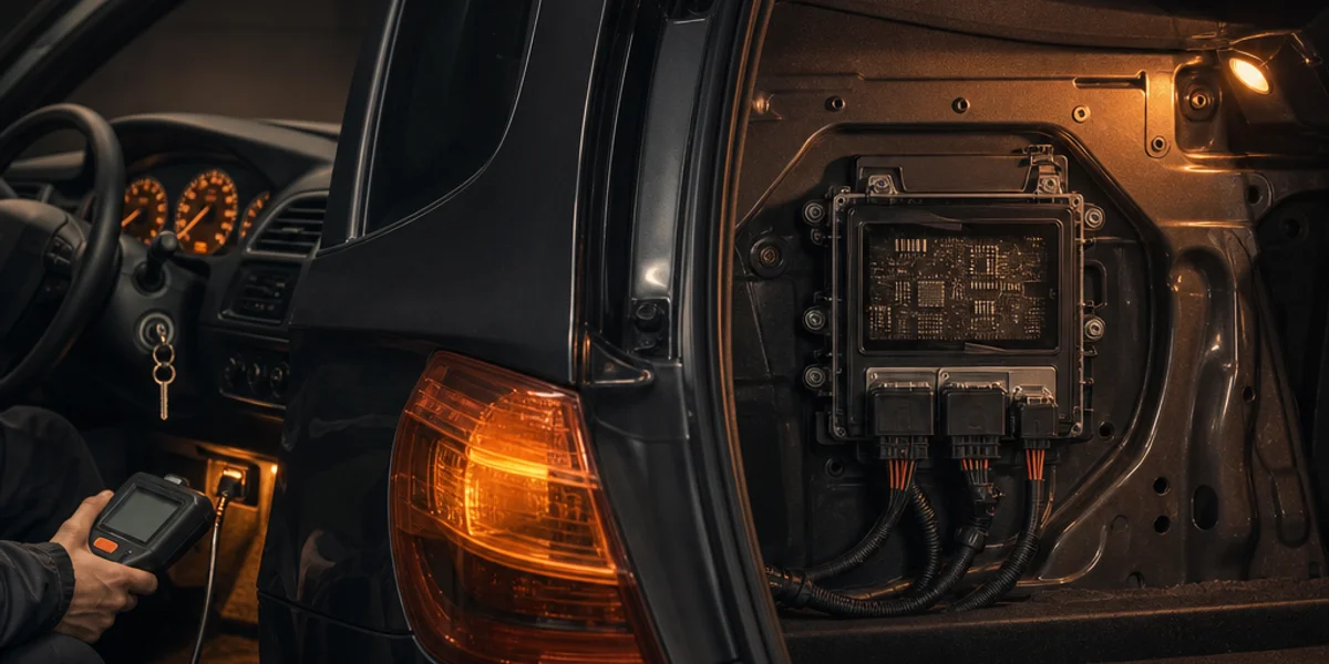 A car boot with the right-hand side trim removed, exposing the rectangular body control module against the inner wing with its two large connectors and one small connector attached
