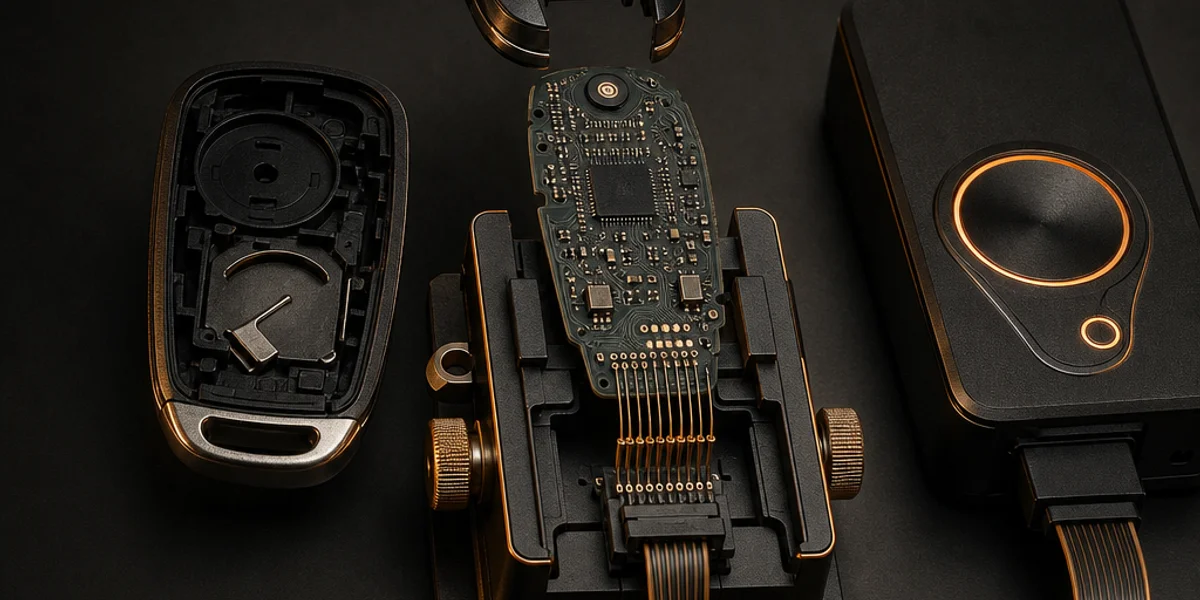 A proximity key fob split open with its bare circuit board clipped into a solder-free reading adapter, fine pin contacts on the board test points and a ribbon lead running to a bench programmer