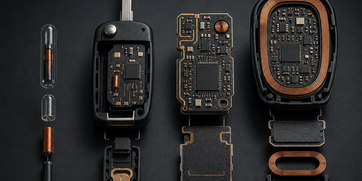 Four generations of Audi transponder chip laid out in a row, from a bare glass ampoule through to a dense modern proximity key circuit board with an integrated antenna coil
