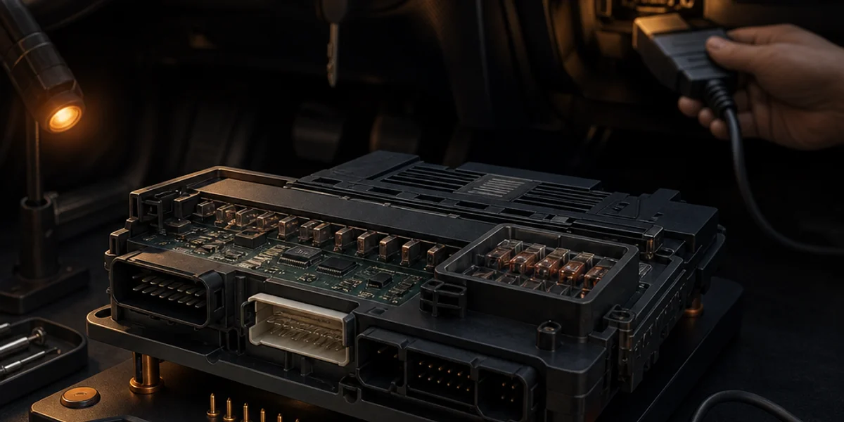 A BMW Body Domain Controller removed from the passenger footwell and seated on a solderless pogo-pin bench platform, with its integrated fuse compartment and multi-pin connectors visible and a power supply lead clipped alongside