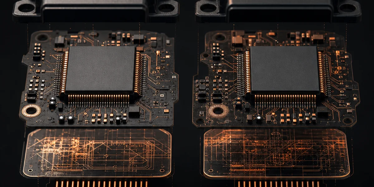 Extreme close-up of two visually identical automotive microcontroller chips shown side by side on their circuit boards as a comparison pair