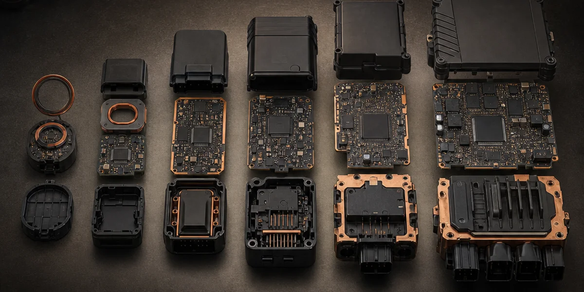Six generations of BMW immobiliser module laid side by side in a row, growing in size and connector count from the early standalone EWS unit to the modern Body Domain Controller
