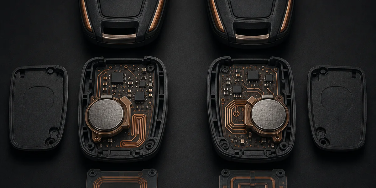 Two outwardly identical car key fobs side by side on a bench, one opened at the battery flap to show the coin cell and the aerial trace on the circuit board beneath