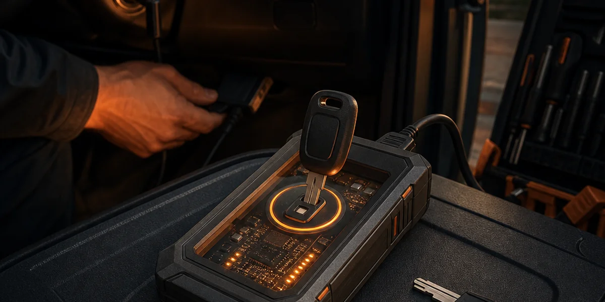 A handheld transponder cloning machine on a locksmith van tailgate, with the customer's original key seated in the reading coil and a cut blade and blank chip waiting beside it