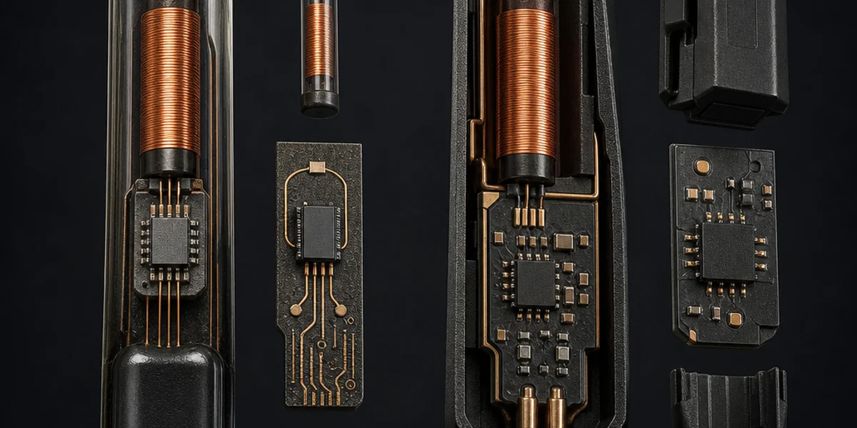 Cross-section comparison of a genuine glass transponder and a universal rewritable wedge chip, showing the internal die and antenna coil of each