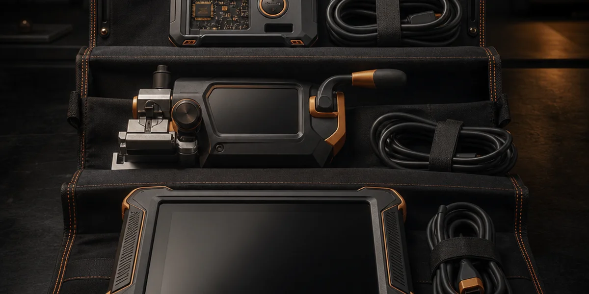 Three tiers of key tooling laid out on a bench — a dedicated transponder copier, a handheld key machine and a tablet-style OBD programmer with coiled cables
