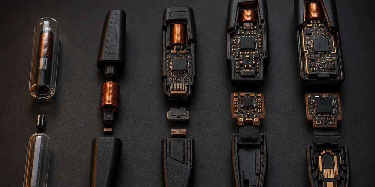 Five generations of automotive transponder chip laid out side by side on a workbench, from a plain glass capsule to a modern encrypted crypto package