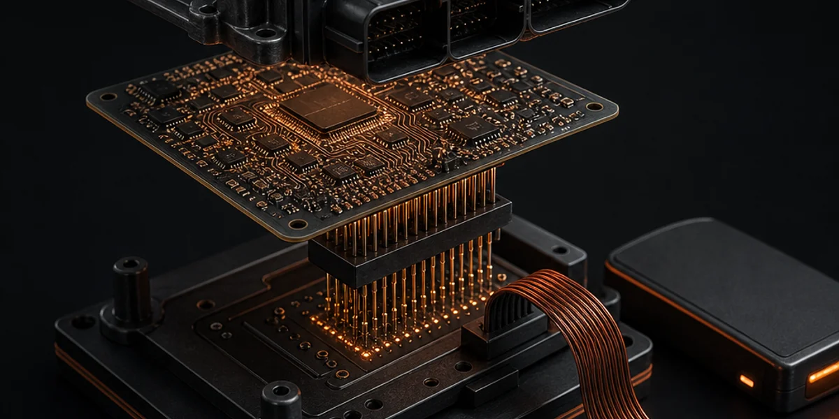 A vehicle body control module removed and mounted on a solderless bench programming board, pogo pins contacting the exposed circuitry with ribbon leads running to a programmer