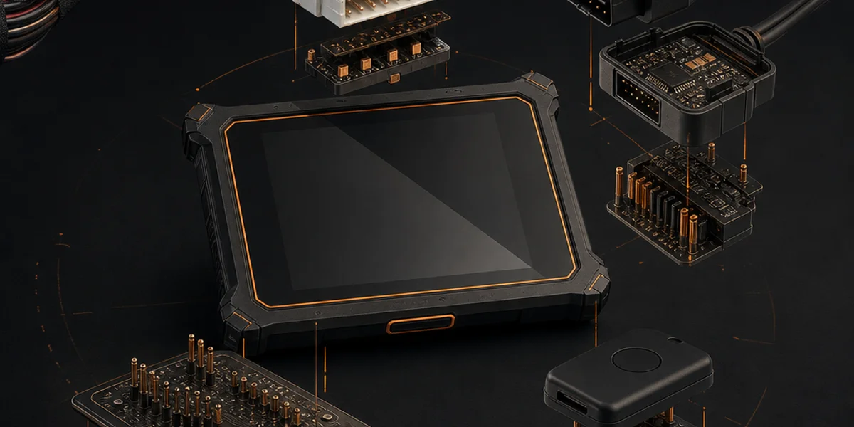 An exploded layout of key programming accessories including a thirty-pin bypass harness, a gateway lead, a solderless bench adapter board and a smart key emulator arranged around a diagnostic tablet
