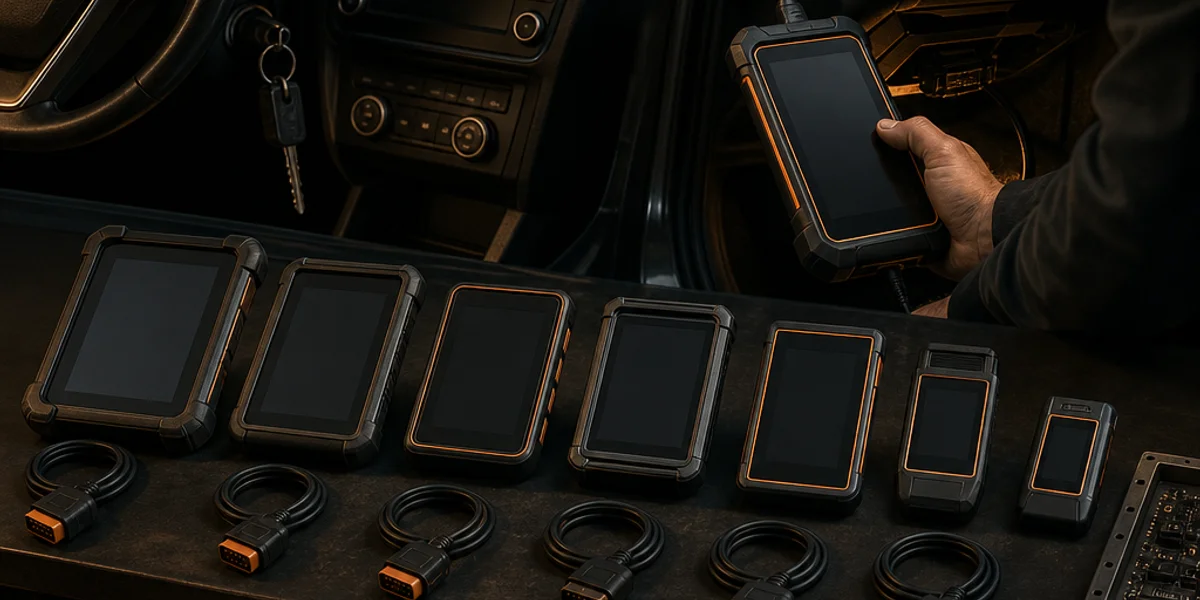Six professional key programming tablets and handheld units laid out in a row on a workshop bench with their OBD leads coiled beside them