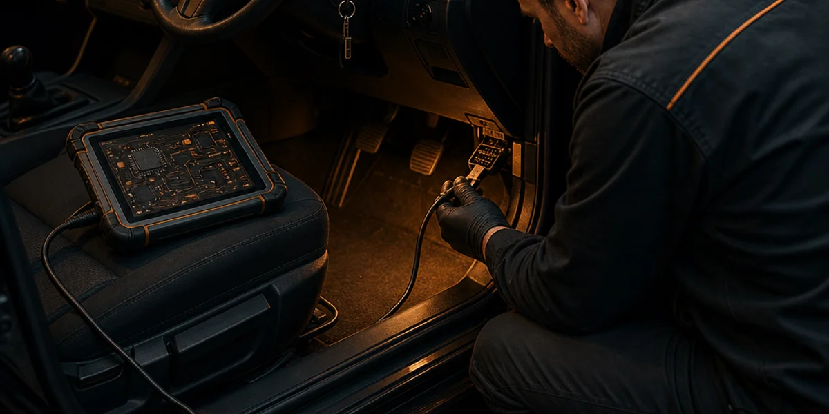 A locksmith crouched in a right-hand-drive driver's footwell with a diagnostic tablet on the seat, its lead running to the OBD socket beside the bonnet release lever and a battery support pack on the floor