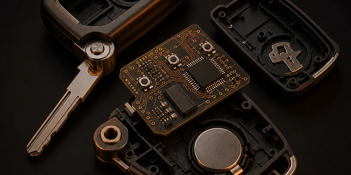 A flip remote car key split open on a bench, exposing the internal circuit board with the small button integrated circuit beside the transponder chip and its legs visible along each side
