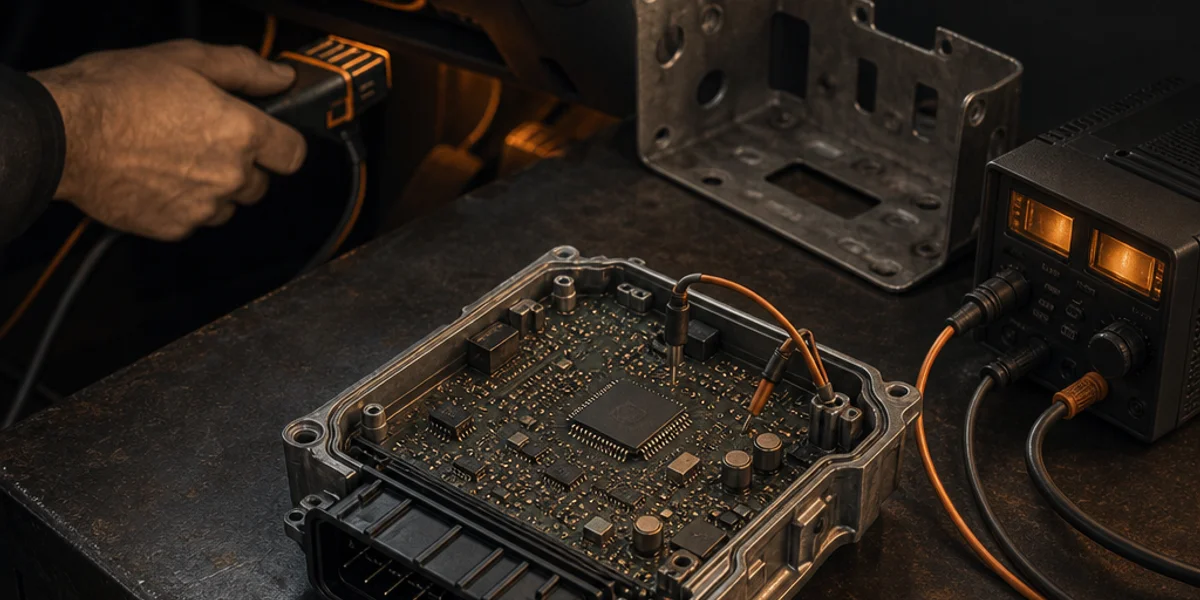 A van body control module removed and opened on a workshop bench, circuit board and microcontroller exposed, with probe leads clipped on and a bench power supply cable running in from the side