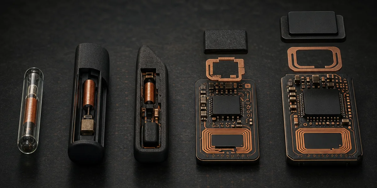 Five generations of Fiat Group transponder chips laid out side by side on a dark workbench, increasing in complexity from a simple glass cylinder to a surface-mount AES chip on a circuit board