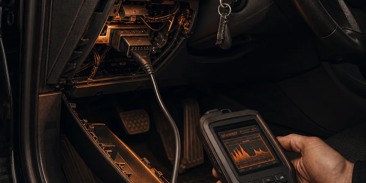 A sixteen-pin diagnostic socket exposed beneath a car steering column with the snap-out trim panel dropped away and a programming cable plugged in, trailing into the driver's footwell