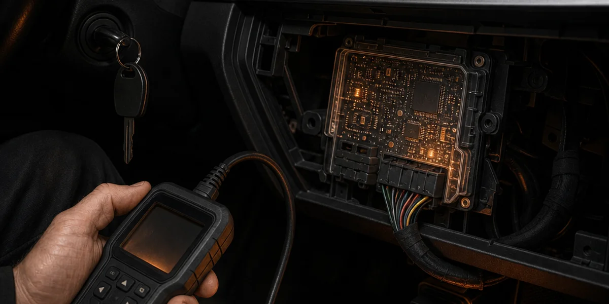 A vehicle Body Control Module exposed behind a removed glovebox panel, with circuitry softly glowing copper