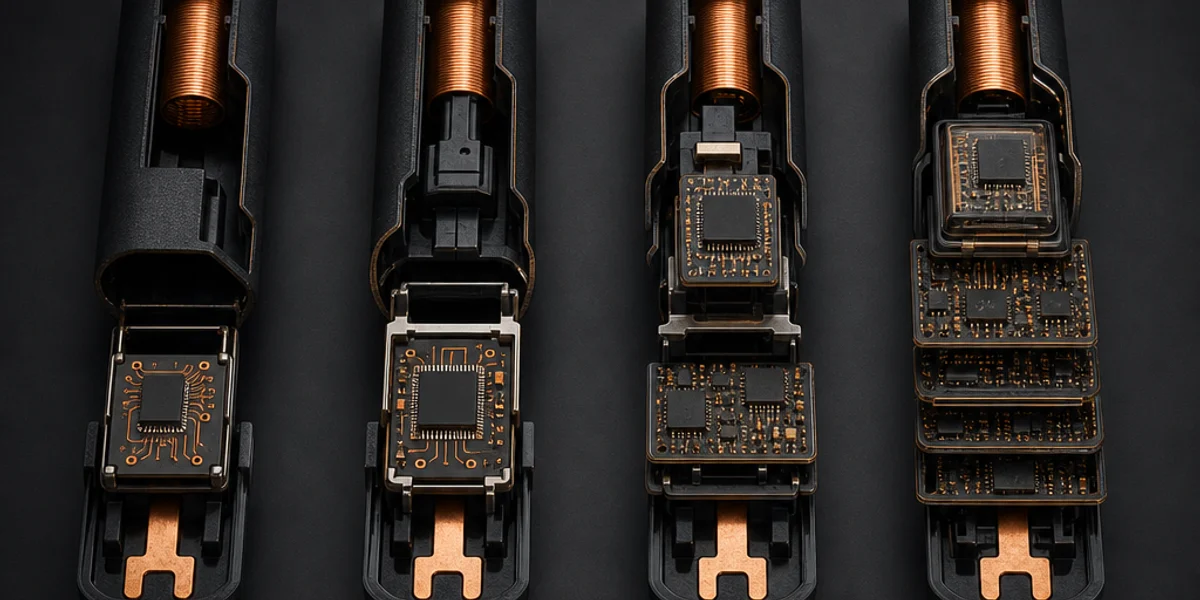 Four generations of Ford PATS transponder chips shown side by side, increasing in complexity