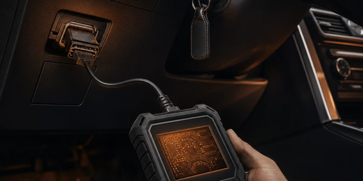 Diagnostic programming tool plugged into a Ford OBD-II port under the steering column, with cable trailing down