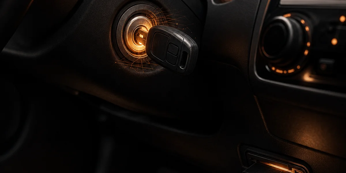 A car key being turned in a Ford ignition barrel, shown from a close angle with the dashboard visible behind