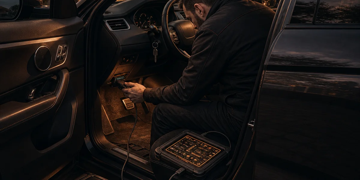 A locksmith crouched in the right-hand-drive footwell of an SUV on a driveway at dusk, diagnostic tablet on the seat with its lead running to the OBD socket and a battery support pack alongside