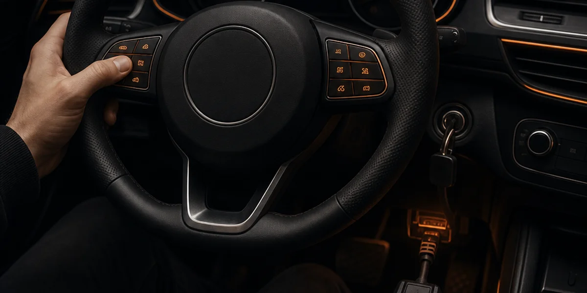 A driver's thumb resting on an illuminated steering wheel button, the instrument cluster dark behind, as a disarm sequence is entered