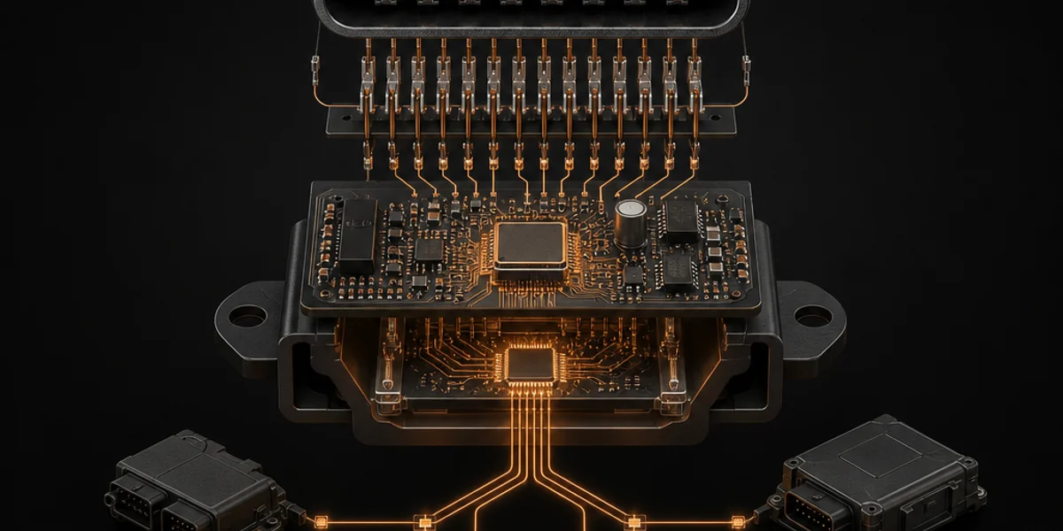 An exploded diagram of a sixteen-pin OBD-II connector feeding a gateway module, with separate CAN branches fanning out to the body and powertrain modules behind it
