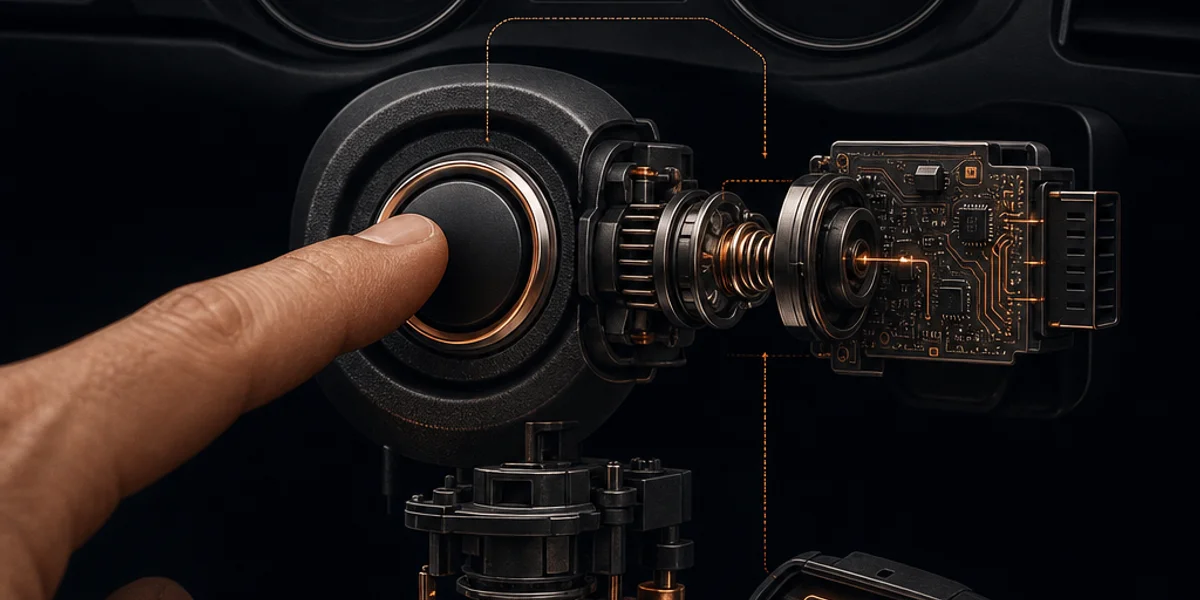 A finger pressing a push-button engine start control on a dark dashboard with the immobiliser telltale extinguished behind it and no sign of cranking