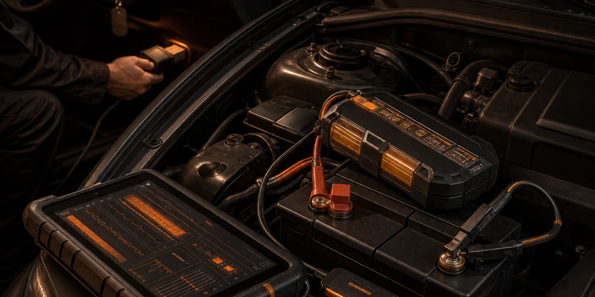 A battery support pack clamped to a small 12 volt car battery under an open bonnet, leads on the terminals and a diagnostic tablet resting on the slam panel partway through a key programming routine