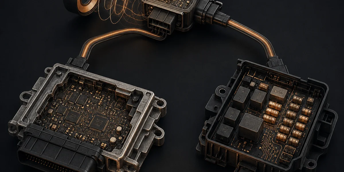 Three Honda immobiliser modules — the immobiliser-keyless control unit with its transponder coil, the PCM and the under-dash fuse box — linked in a triangle by a two-wire body network, circuitry glowing warm copper