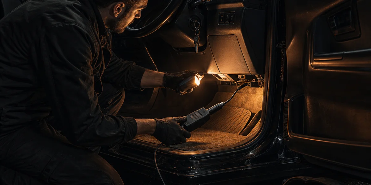 A locksmith kneeling outside an open right-hand-drive driver's door with a torch, reaching up under the dashboard towards an OBD socket tucked outboard near the A-pillar kick panel, diagnostic lead trailing over the sill