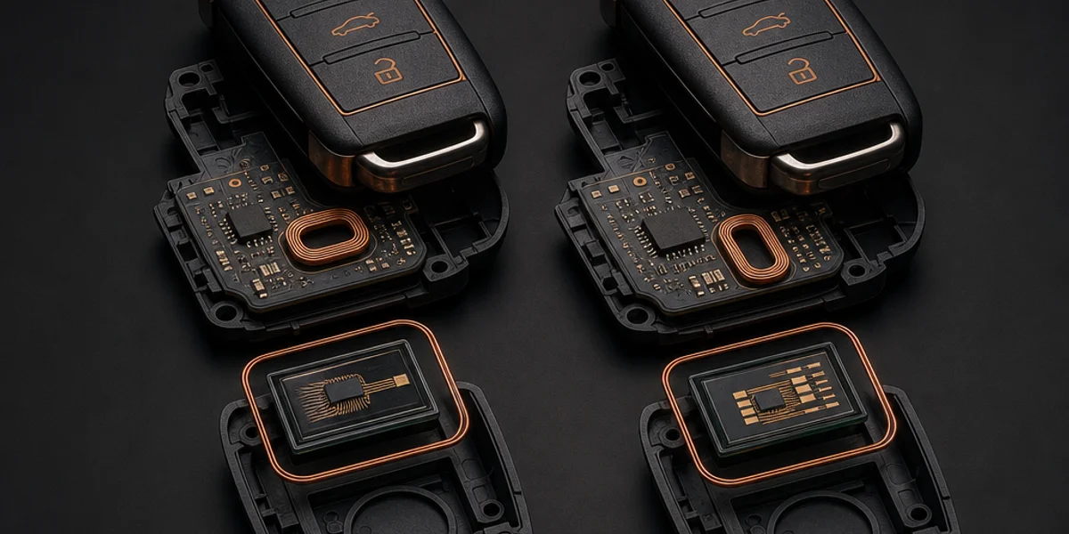Two visually identical Honda flip remote keys opened side by side, exposing two different transponder chips — the pre-facelift Hitag 2 and the post-facelift Hitag 3 — to show incompatible generations behind one key body