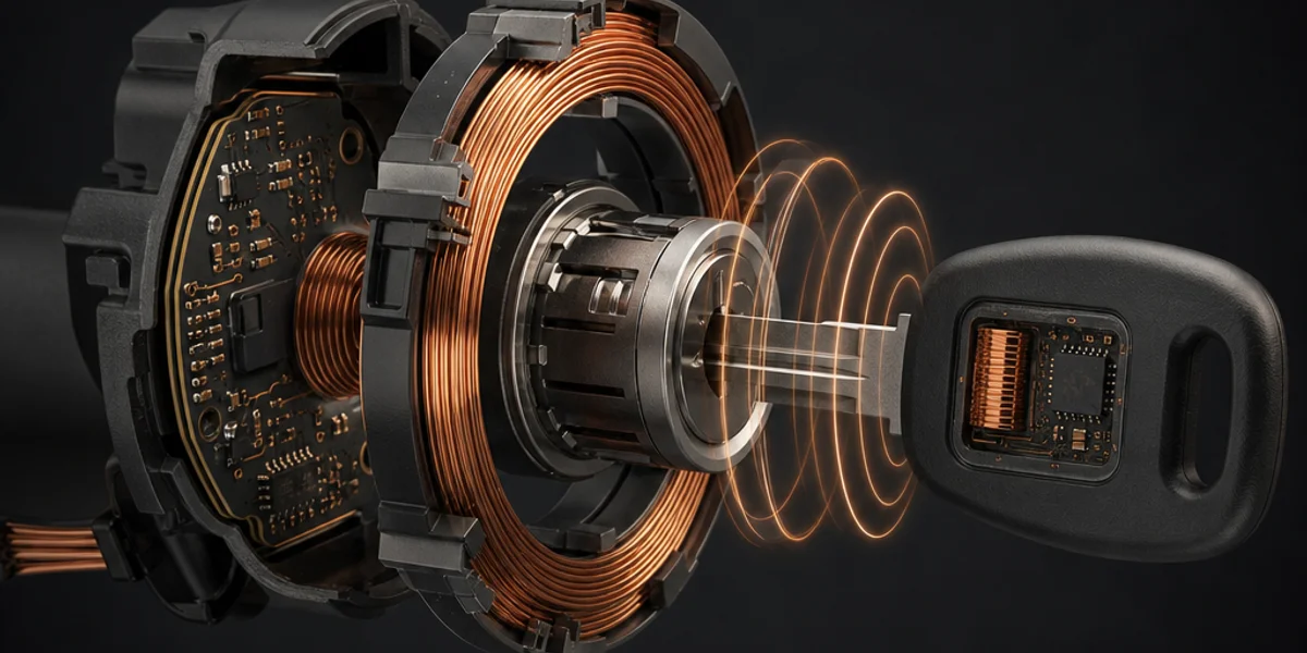 A SMARTRA transponder antenna ring shown in cutaway around an ignition barrel, coil windings exposed, with a transponder key inserted and signal arcs passing between key and ring