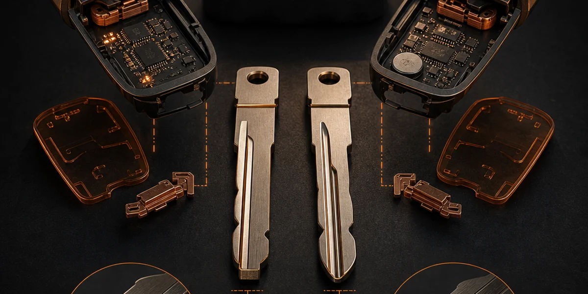 Two car key blades laid side by side on a workshop bench showing different milled profiles and tip shapes, one squared and one rounded, with a key cutting machine jaw blurred behind