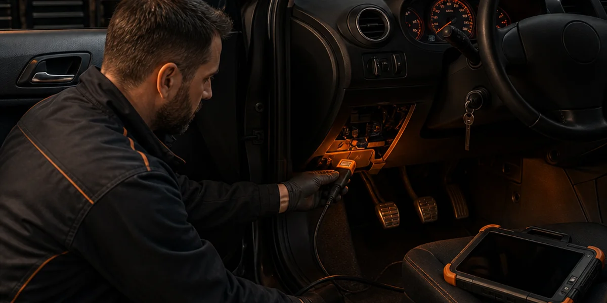 A locksmith crouched at a right-hand-drive driver's door with a diagnostic tablet on the seat, its lead running to the OBD socket behind a lifted lower dash panel and a battery support pack on the floor