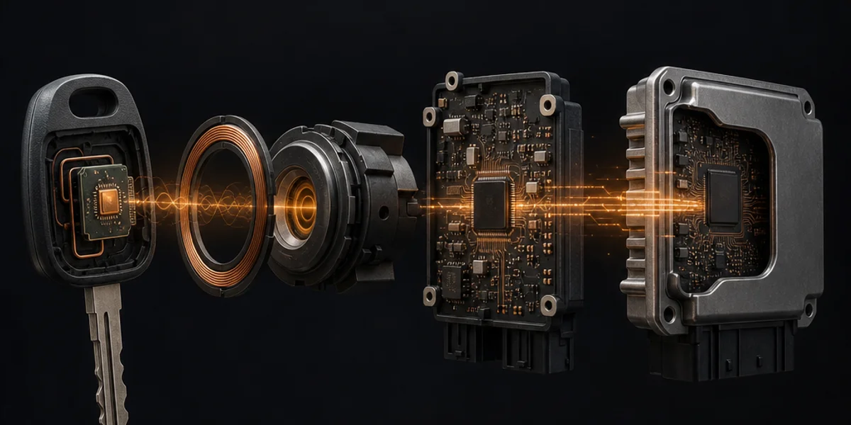 The immobiliser authentication chain shown as three stages — transponder chip, antenna ring around the ignition barrel, and body control module — linked by a glowing signal path running on to the engine control unit