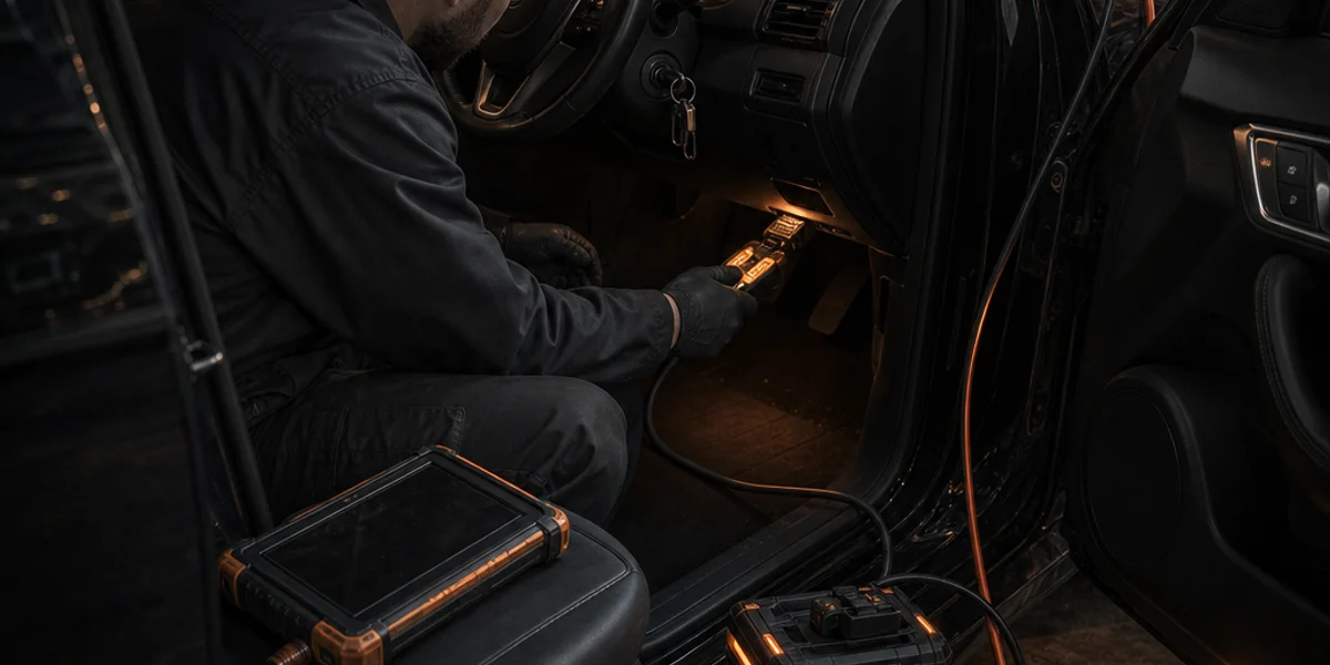 A locksmith working in a right-hand-drive driver's footwell with a battery support pack on the floor and a diagnostic tablet on the seat, its lead running under the lower dash