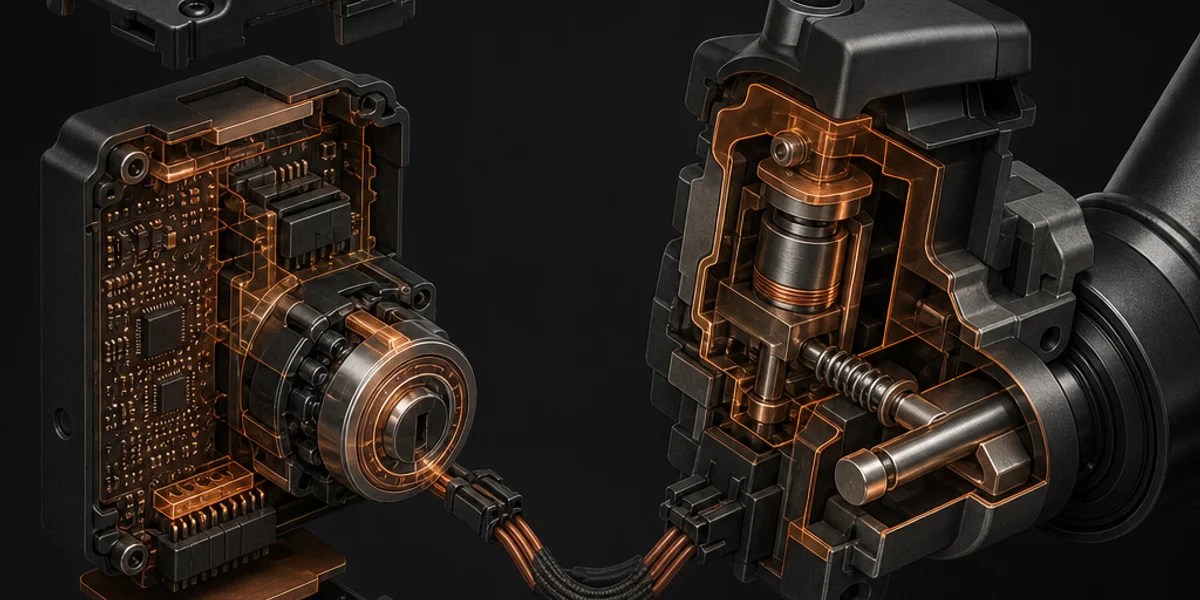 A Mercedes electronic ignition switch module beside the electronic steering lock actuator in cutaway, the harness between them highlighted and the lock bolt shown extended into the steering column