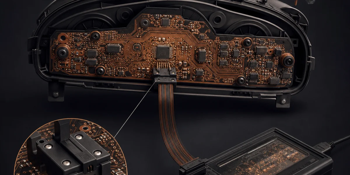 An instrument cluster laid face down on a bench with its rear circuit board exposed and a solderless pogo-pin adapter contacting the EEPROM, a ribbon lead running to a programmer