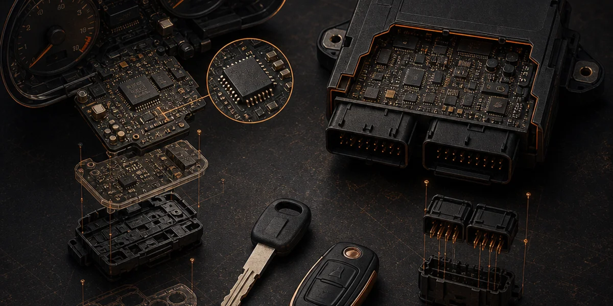 An Audi instrument cluster board and a boot-mounted body control module side by side on a bench, with a bladed key and a proximity fob between them, showing where the immobiliser master moved across Audi generations