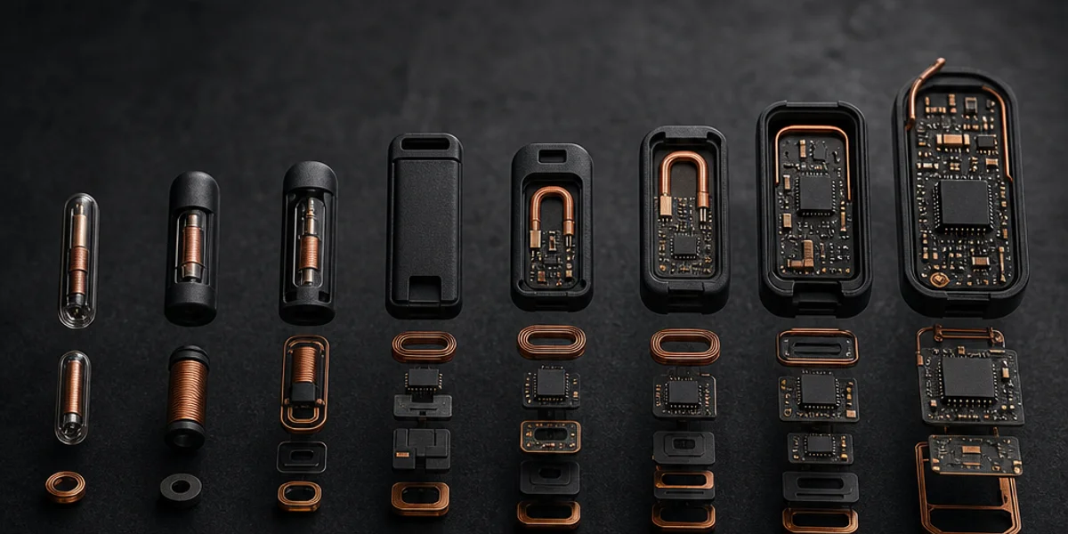 Eight generations of automotive transponder chip laid out in a row on a workshop bench, from a plain glass fixed-code capsule to a modern encrypted key circuit board, increasing in complexity from left to right