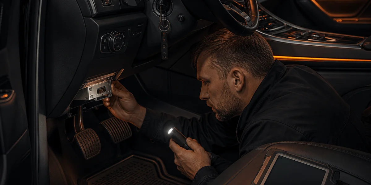 A locksmith crouched in a right-hand-drive SUV footwell reaching behind the lower dash trim where a steel OBD locking box covers the diagnostic socket, tablet waiting on the seat
