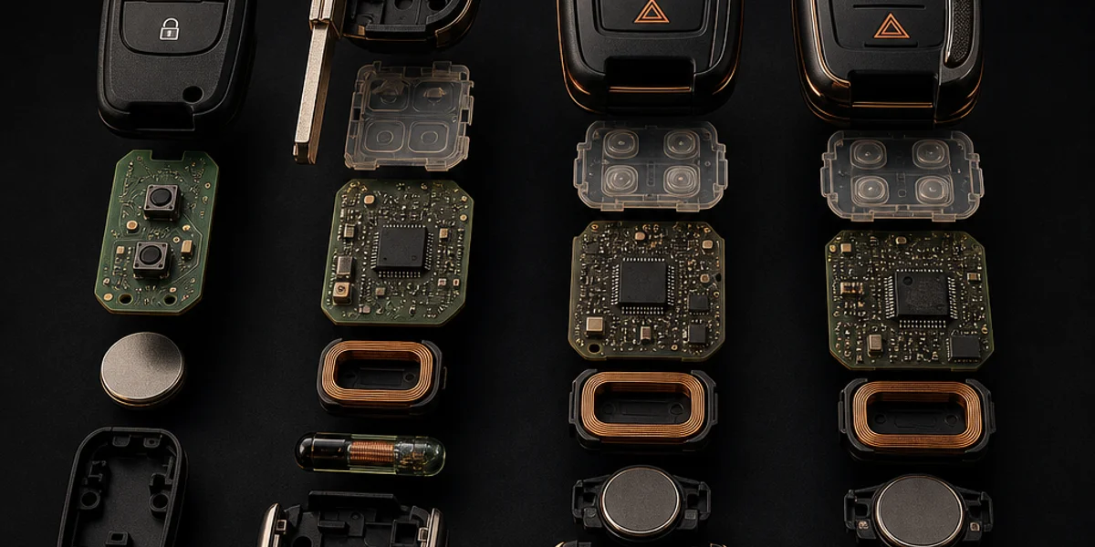 Four generations of Land Rover key internals laid open side by side, from a transponderless Valeo remote board to modern encrypted proximity fobs, increasing in complexity