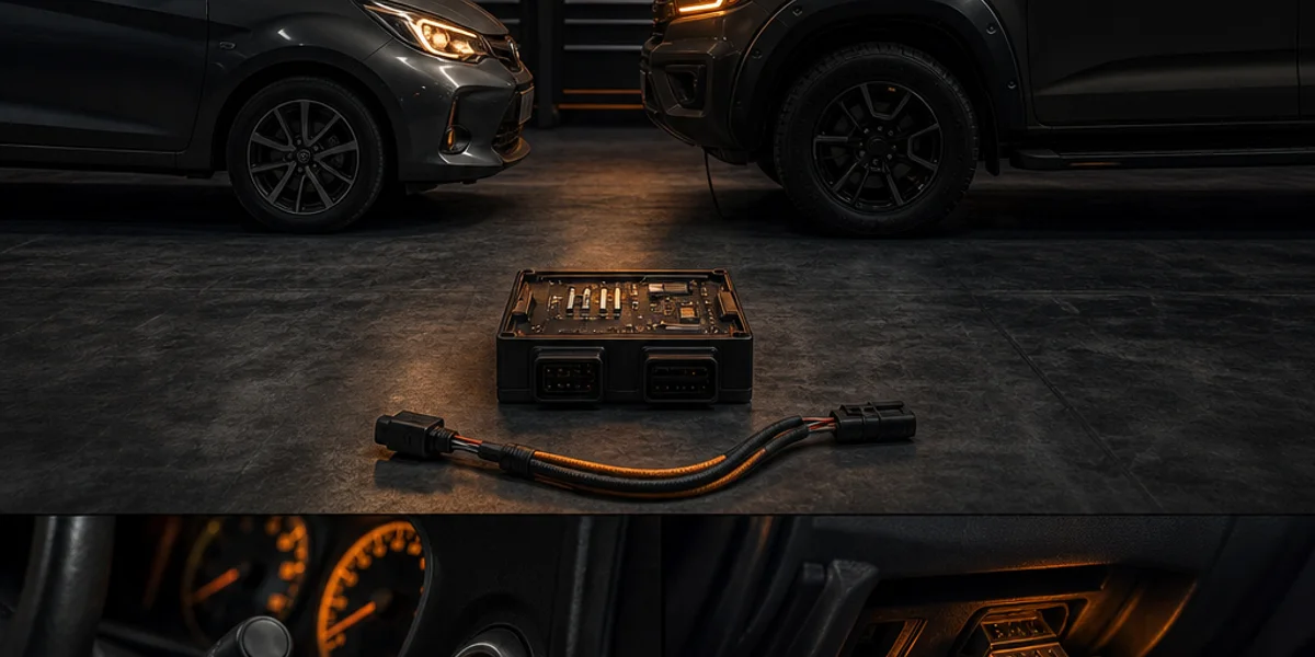 A small hybrid hatchback and a double-cab pickup nose to nose in a workshop with a standalone immobiliser box and a bypass cable on the floor between them