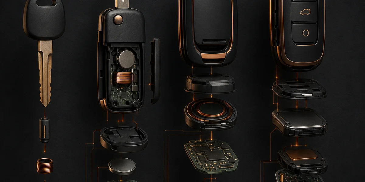 Four generations of Mazda key shown side by side on a workshop bench, increasing in complexity from a bladed transponder key to a current proximity fob