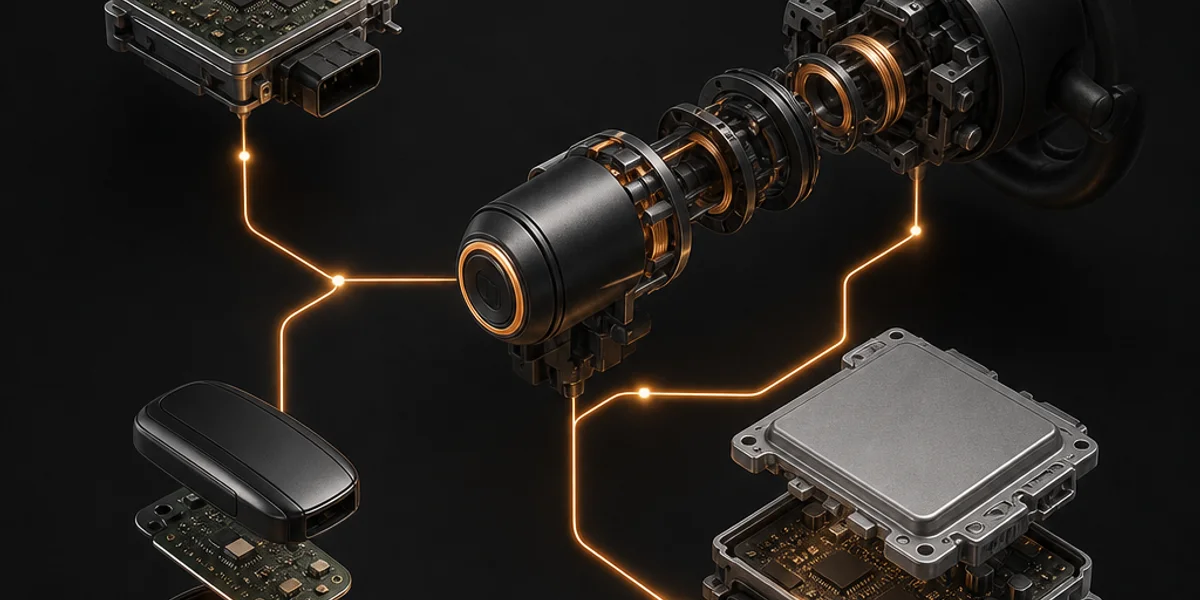 An exploded view of a Mazda Skyactiv immobiliser chain showing the keyless control module, the start stop unit on the steering column, the engine control module and a smart key linked by CAN bus lines